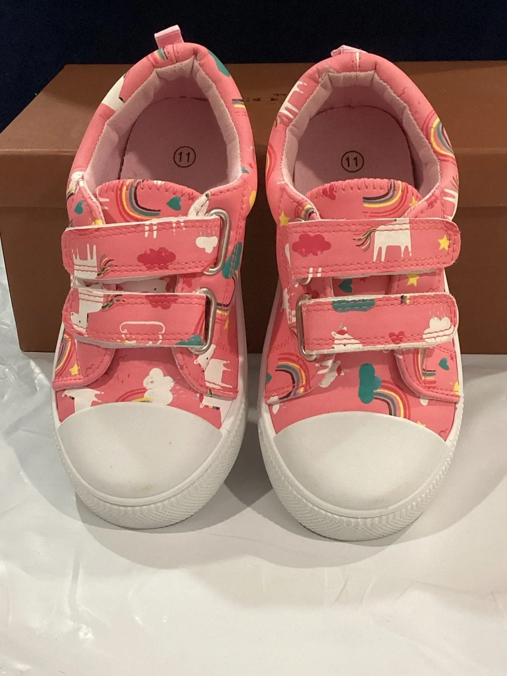 Girls Pink Rainbow Unicorn Velcro Sneakers Shoes Size 11K